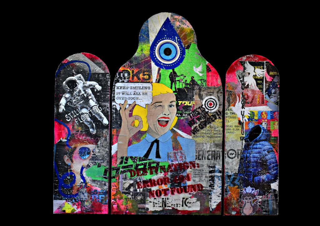 Keep Smiling – originalt collageværk af collagekunstner Baryhl Art, skabt af genbrugsmaterialer i altertavleformat
