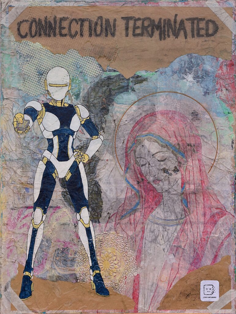 Connection Terminated – collage og mixed media med Madonna og robotfigur