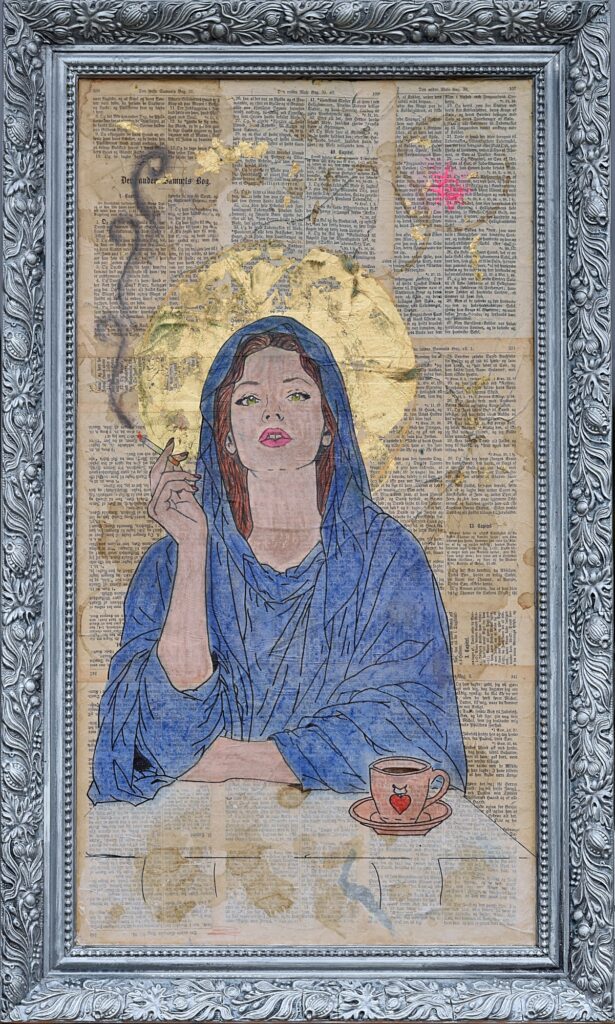 Five Minutes of Heaven – collageværk af Baryhl Art med Madonna, cigaret og kaffekop