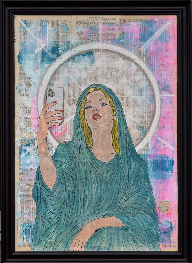 Insta Saint – mixed media collage med moderne Madonna og smartphone