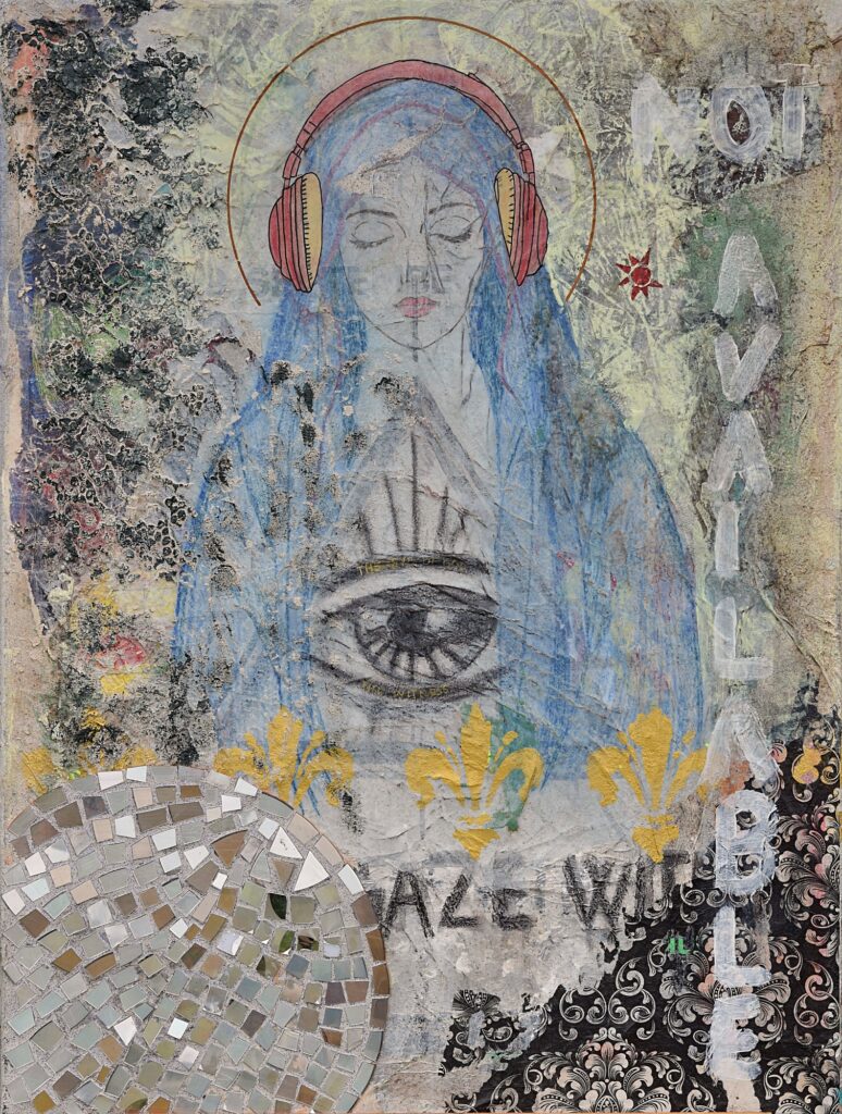 Not Available – collage og mixed media med Madonna, hovedtelefoner og øje